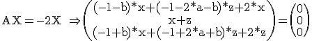 3$\rm AX=-2X \Right \(\array{(-1-b)*x+(-1-2*a-b)*z+2*x\\x+z\\(-1+b)*x+(-1+2*a+b)*z+2*z}\)=\(0\\0\\0\)